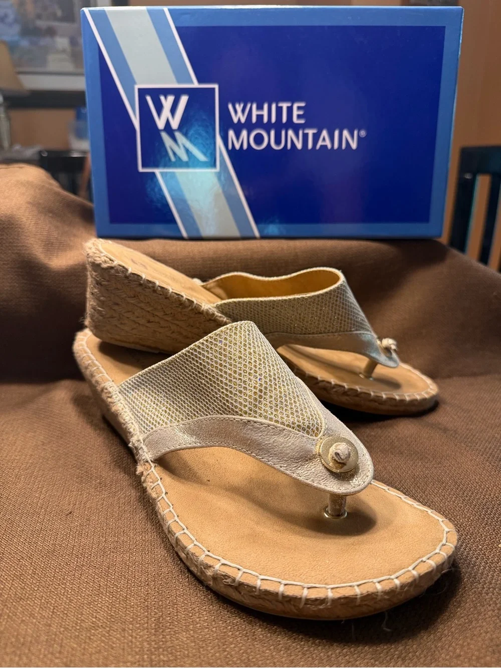 White Mountain Beige Wedge Thong Sandals